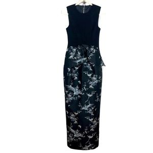 TED BAKER Black Silver Floral Bird Column Evening Gown Size 1